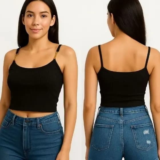 Cropped feminino canelado com alça de corrente Blusa verão casual preto