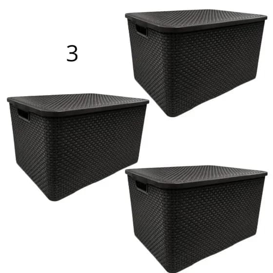 Kit 3 Caixa Cesto Organizadora Rattan com Tampa Multiuso Alça - 18 Litros - Diversas Cores