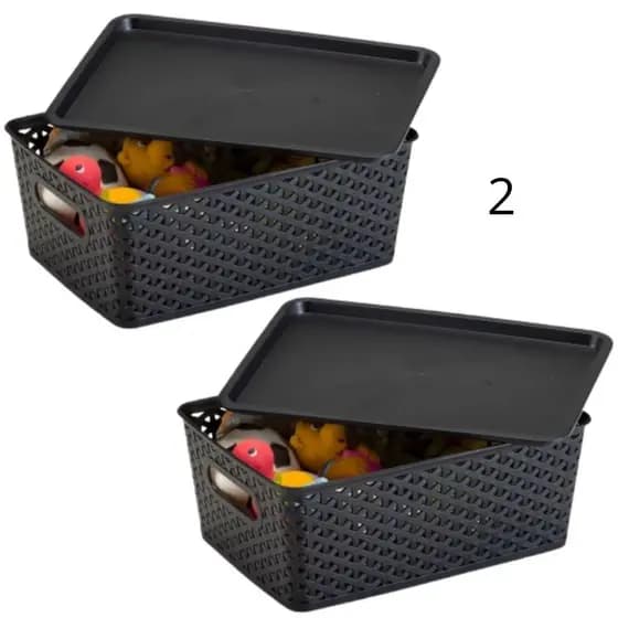 Kit 2 Caixa/Cesto Organizadora Rattan com Tampa Multiuso Alça - 7 Litros - Diversas Cores Colorida
