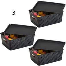 Kit 3 Caixa/Cesto Organizadora Rattan com Tampa Multiuso Alça - 7 Litros - Diversas Cores Colorida