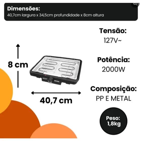 🔥Churrasqueira Elétrica Grill com Grelha Removível 127V - Preta Compacta Ideal para Apartamento