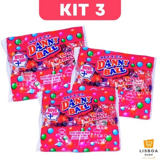 Chiclete De Bolinha Danny Ball Kit 3 Pacotes 300g com 100 unidades cada