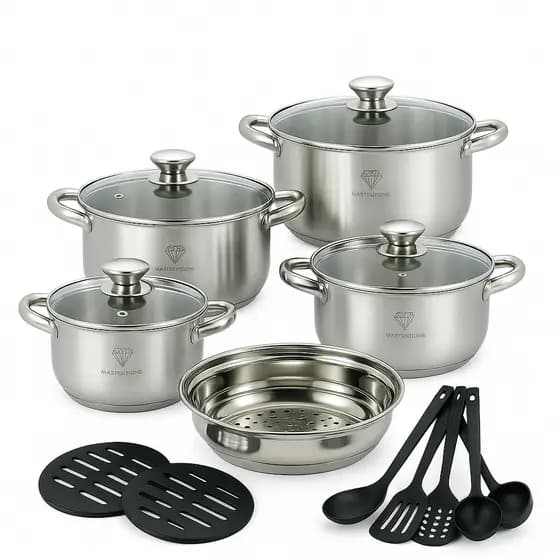 Jogo de Panelas 19 Peças Aço Inox Original Genebra + Acessórios com Fundo 9 Camadas Indução e Gás