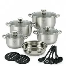 Jogo de Panelas 19 Peças Aço Inox Original Genebra + Acessórios com Fundo 9 Camadas Indução e Gás