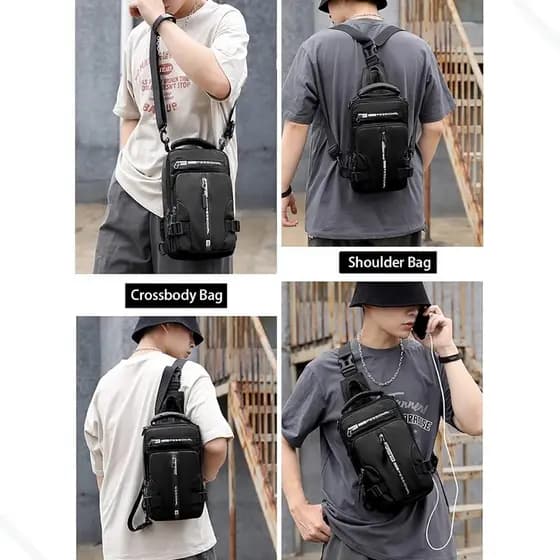 Mochila Sling Crossbody Impermeável com Entrada USB