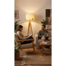 Abajur de Piso em Madeira Luminária Decorativa Alta em Madeira com Cupula Algodão Cru Estilo Minimalista Escandinavo