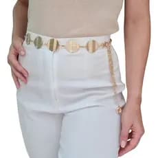 Cinto Corrente feminino ajustável com moedas redondas Dourado Prata festa balada moda verão e glamour vintage