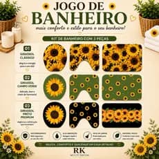 Kit Jogo de 3 Peças Tapete de Banheiro Antiderrapante Costura Reforçada Girassol - Flores