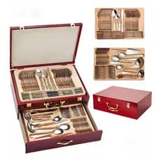 Faqueiro Inox 84 Peças Talheres Banhado Ouro Maleta Madeira Luxuoso Modelos de Filme