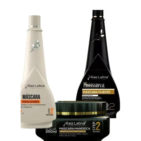 Kit Mascara Raiz Latina 250ml+Mascara quente 250ml + Mascara Fortalecedora Raiz Latina