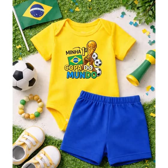 Conjunto Body e Short Bebê Temático Copa do Mundo Brasil 2026