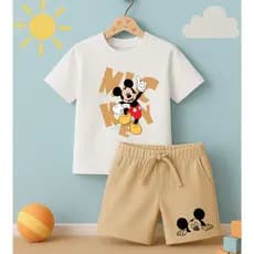 Conjunto Camiseta e Short Moletinho Infantil Juvenil Mickey Mouse Verão básico casual Menino