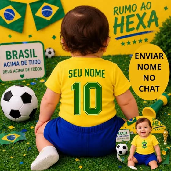 Conjunto Body e Short Bebê Personalizado com NOME Copa do Mundo Brasil Seleção Brasileira