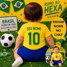 Conjunto Body e Short Bebê Personalizado com NOME Copa do Mundo Brasil Seleção Brasileira