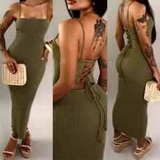 Vestido Tricot Modal Midi Trançado nas costas Tricô alta qualidade Verão 2026 Carnaval Praia Festa