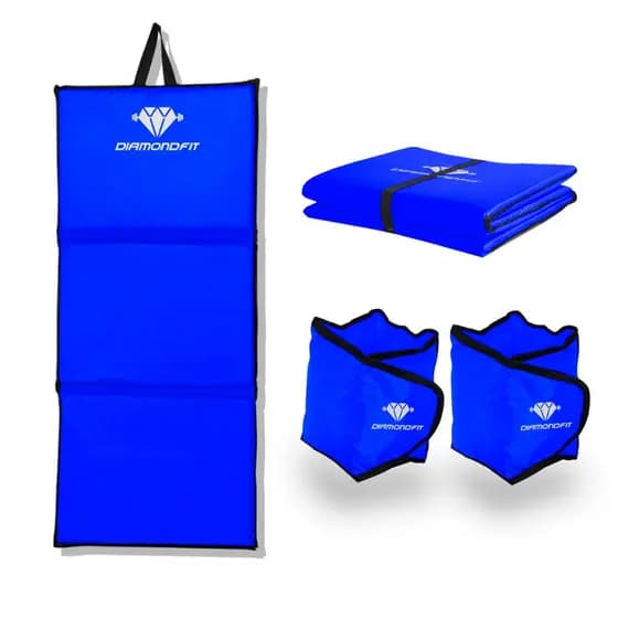 Kit Colchonete Dobrável D50 Academia Maleta + Par de Caneleira Musculação Fitness Tornozeleira Azul