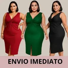 Vestido Feminino Regata Plus Size Feminino Midi Canelado e Elastano gola em V fenda Frontal moda Casual feminina Chique