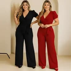Kit 2 Macacao Feminino Manga Curta Canelado e Elastano Calça Pantalona Moda casual Blogueirinha Tendencia de Natal 2025