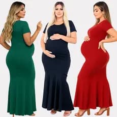 Vestido Feminino Manga Curta Gestante Canelado Elastano Longo Moda casual Chique Gestante,Gravidas e Maternidade 2025
