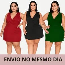 Macaquinho Plus Size Regata Liso Canelado Elastano Premium Shorts Saia Decote V Midi Moda Plus Elegante e Casual Verão