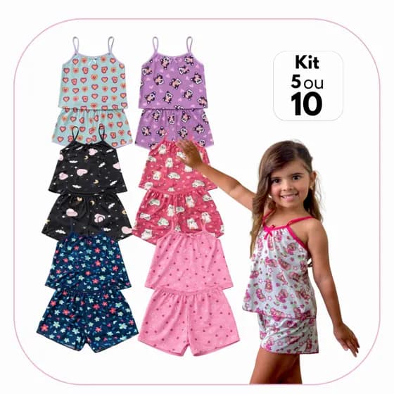 Kit 10 Pijama Infantil Short  Blusa Criança Conforto Qualidade Dormir Dia a Dia Verão Menina