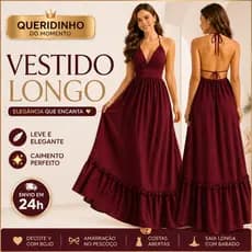 Vestido Longo Feminino Decote V Frente Única Costas Nuas Amarração Regulável Tecido Premium