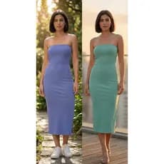 Kit 2 Vestidos Midi Tomara que Caia Canelados com Fenda Lateral