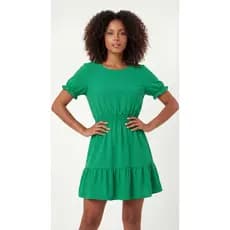 Vestido Curto Tecido Crepe Texturizado Com Lastex Manga Bufante Moda Feminina Casual Elegante