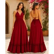Vestido Longo Feminino Elegante Frente Única Costas Nuas Fluido Amarração Ajustável Festa