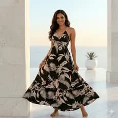 Vestido  Feminino Longo Frente Única Estampa Tropical Floral Verão
