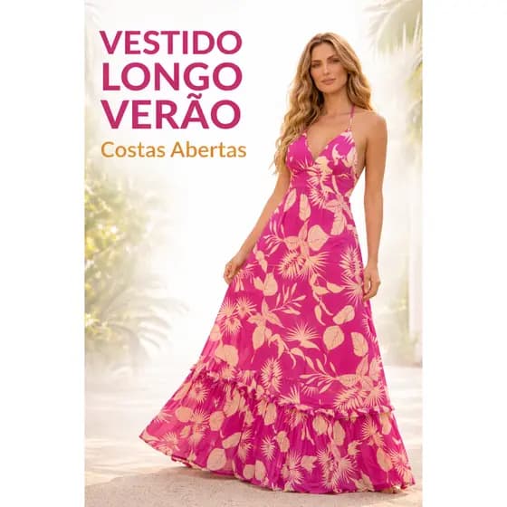 Vestido Longo Feminino Verão Rosa Estampado Floral Costas Abertas Cintura Marcada Elegante 36 ao 42
