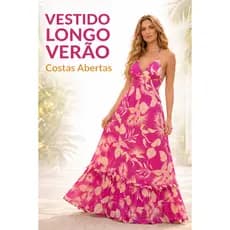 Vestido Longo Feminino Verão Rosa Estampado Floral Costas Abertas Cintura Marcada Elegante 36 ao 42