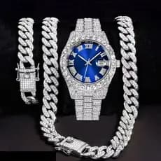 Stylish Hip Hop Bracelet Set Novo Gelado Para Fora Colar Relógio Masculino Kit De Gelo Hip Hop Prata Cubana Pulseira Mas