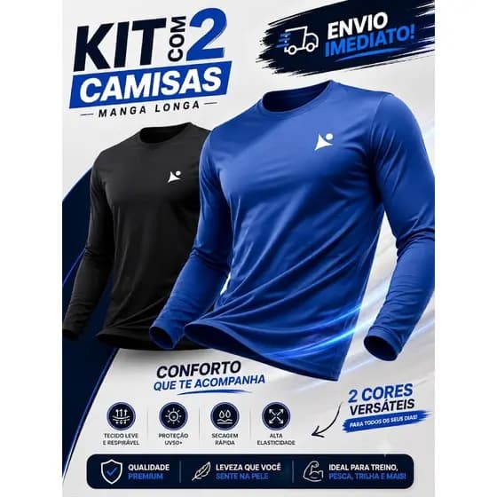 Kit 2 Camisa Termica Masculina Manga Longa de Protetor Solar UV FPS+50 Dry Fit