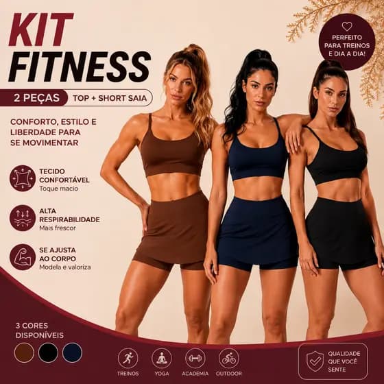 Kit 3 Conjuntos de Academia Feminino Short Saia Dryfit Premium Cintura Alta