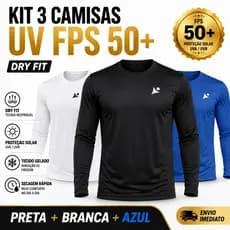 KIT 3 Camisa UV FPS50+ Manga Longa Dry fit Academia Proteção Solar Pesca com Simbolo Refletivo