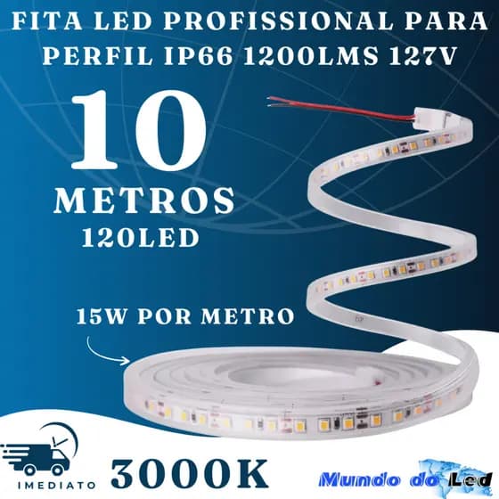 Fita Led Profissional Para Perfil 2835 120LED 15Wts/M 3000K Ip66 10 Metros 1200Lms 127V