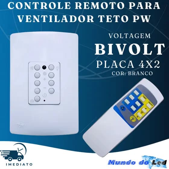 Controle Remoto para Ventilador Teto Com Placa 4X2 Bivol PW
