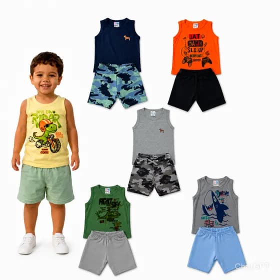 Kit 10 peças de roupas regatas masculino infantil 5 camisas regata e 5 bermudas tamanhos 1 ao 10