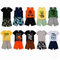 Kit 20 peças de menino infantil 10 conjuntos 5 regatas e 5 camisas bermuda verão tamanhos 1 ao 10