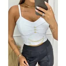 Cropped Alcinha Botão Com Detalhe Colorido Corrente Estilo Look Moda Feminina Moda Verão Tendência Fashion