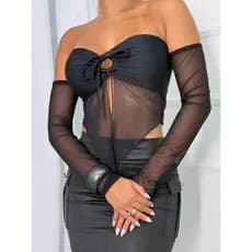 Cropped Top Tomara que Caia Manga Tule Ciganinha com Bojo Amarração Frontal Moda Blogueira  Verão Tendencia Festas