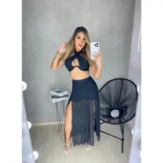 Saia Tule Longa com Fenda com Short por Baixo Saída de Praia Priscina Moda Verão Tendencia Feminina