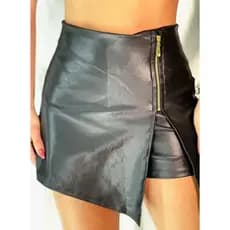 Short Saia Cintura Alta Couro Fake Courino com Zíper Lateral Tendência 2026 Estiloso Moda Festa Balada Festas