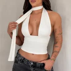 Top Cropped Feminino Frente Única Decote V Amarração Pescoço Tamanho Único Verão Balada