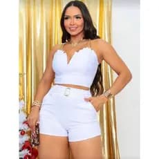 Conjunto Feminino Short com Cinto + Cropped Alça Corrente Tenddencia Final de ano Ano Novo Reiveillon
