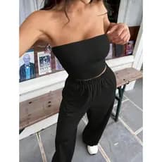 Conjunto Feminino Cropped Tomara que Caia e Calça Cintura Alta com Bolso Compridas Casual Moda Gringa Tendencia Novidade