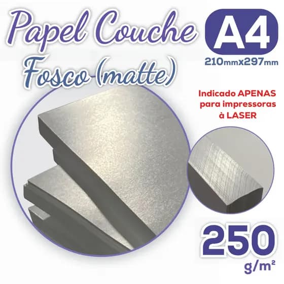 Papel Couche Fosco 250g A4 Pacote com 25/50 Folhas - Acabamento Matte Branco Liso 210x297mm P/ Laser