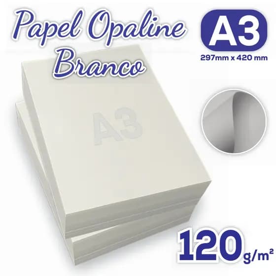 Papel Opaline A3 120g Pacote com 50/100 Folhas - OffSet Branco Liso 297x420mm Jato de tinta e Laser