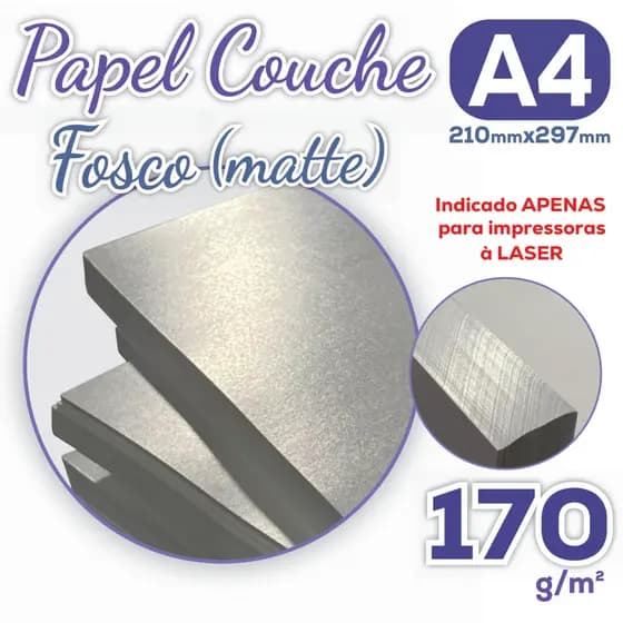 Papel Couche Fosco A4 170g Pacote com 25/50 Folhas - Acabamento Matte Branco Liso 210x297mm P/ Laser